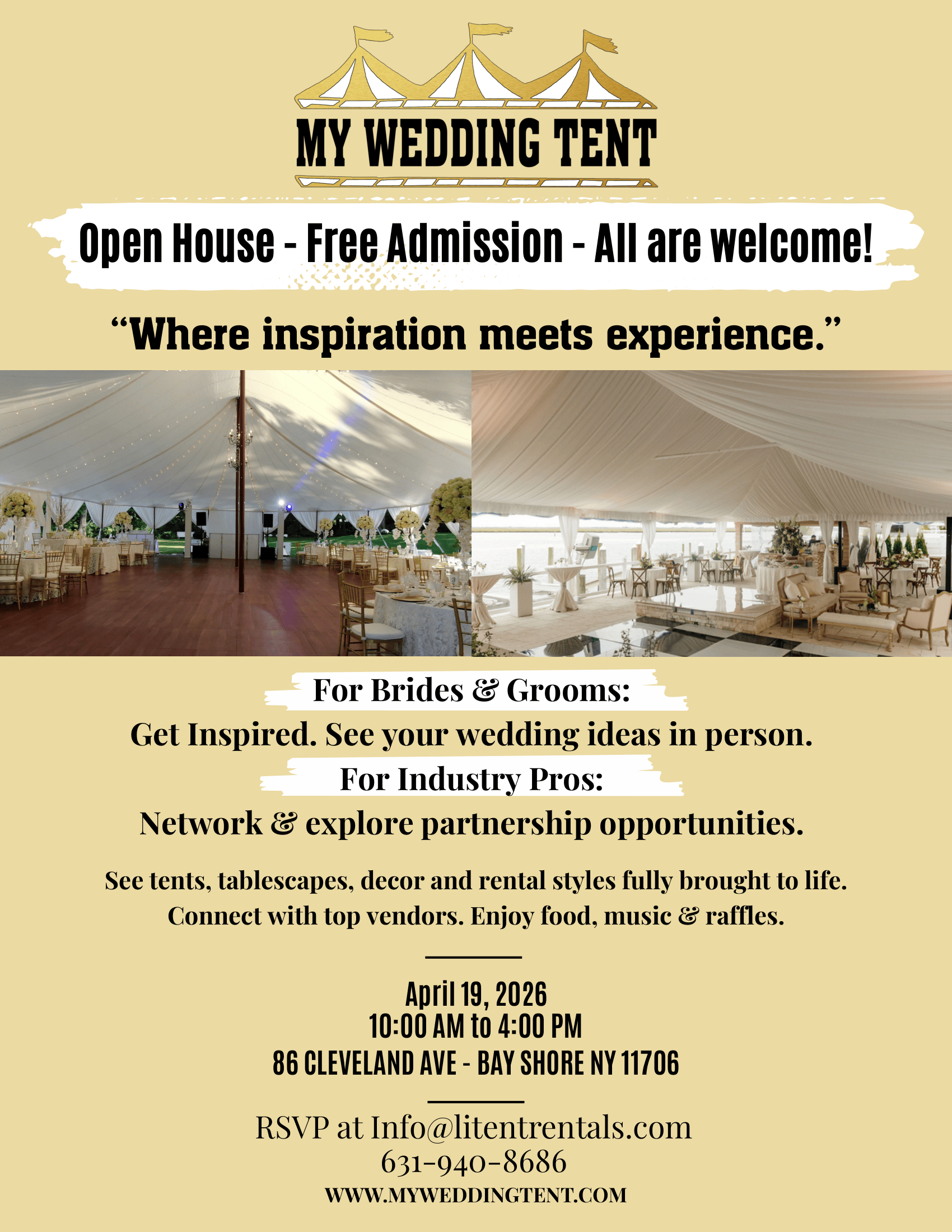 My Wedding Tent Open House flyer — April 19, 2026