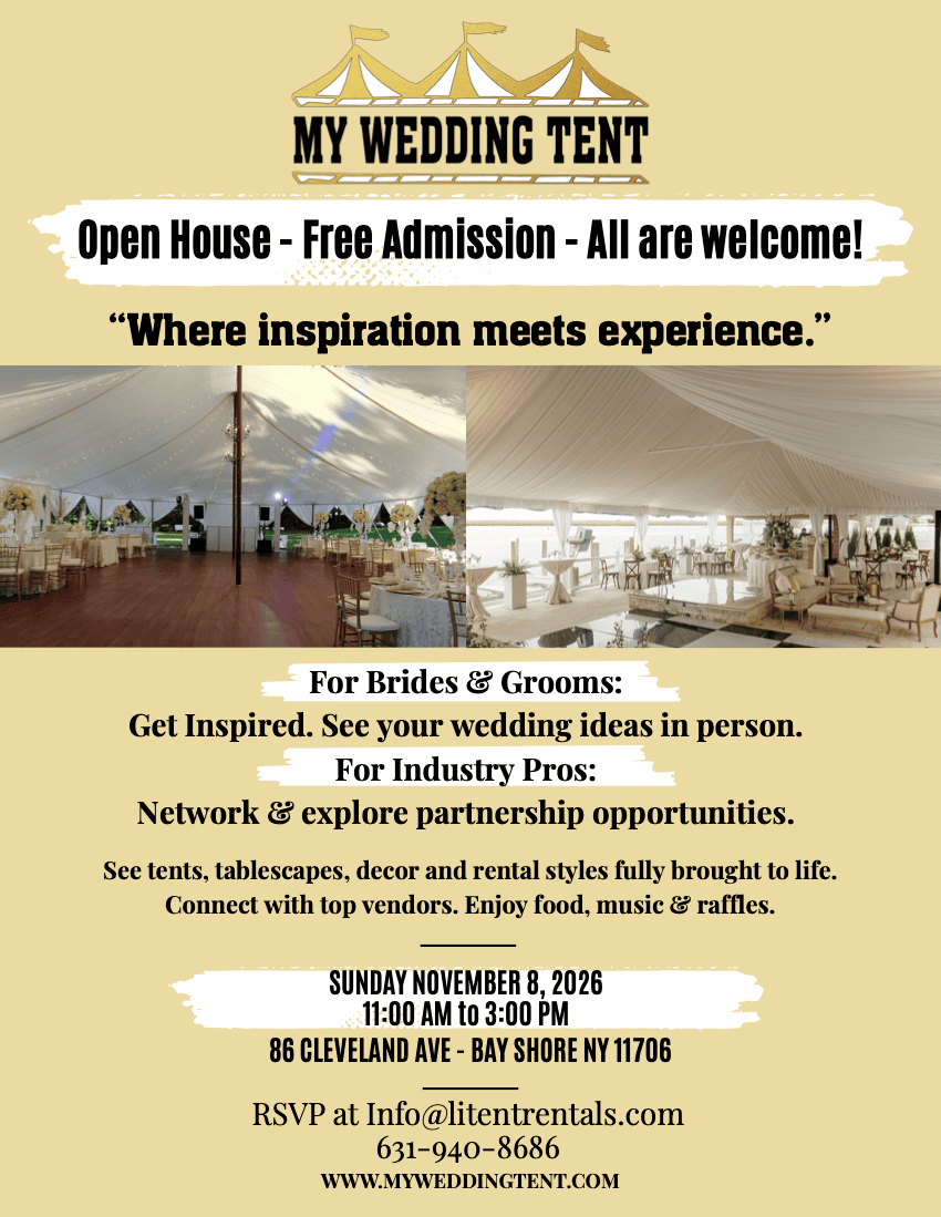 My Wedding Tent Open House — Sunday November 8, 2026, 11 AM to 3 PM, 86 Cleveland Ave, Bay Shore NY